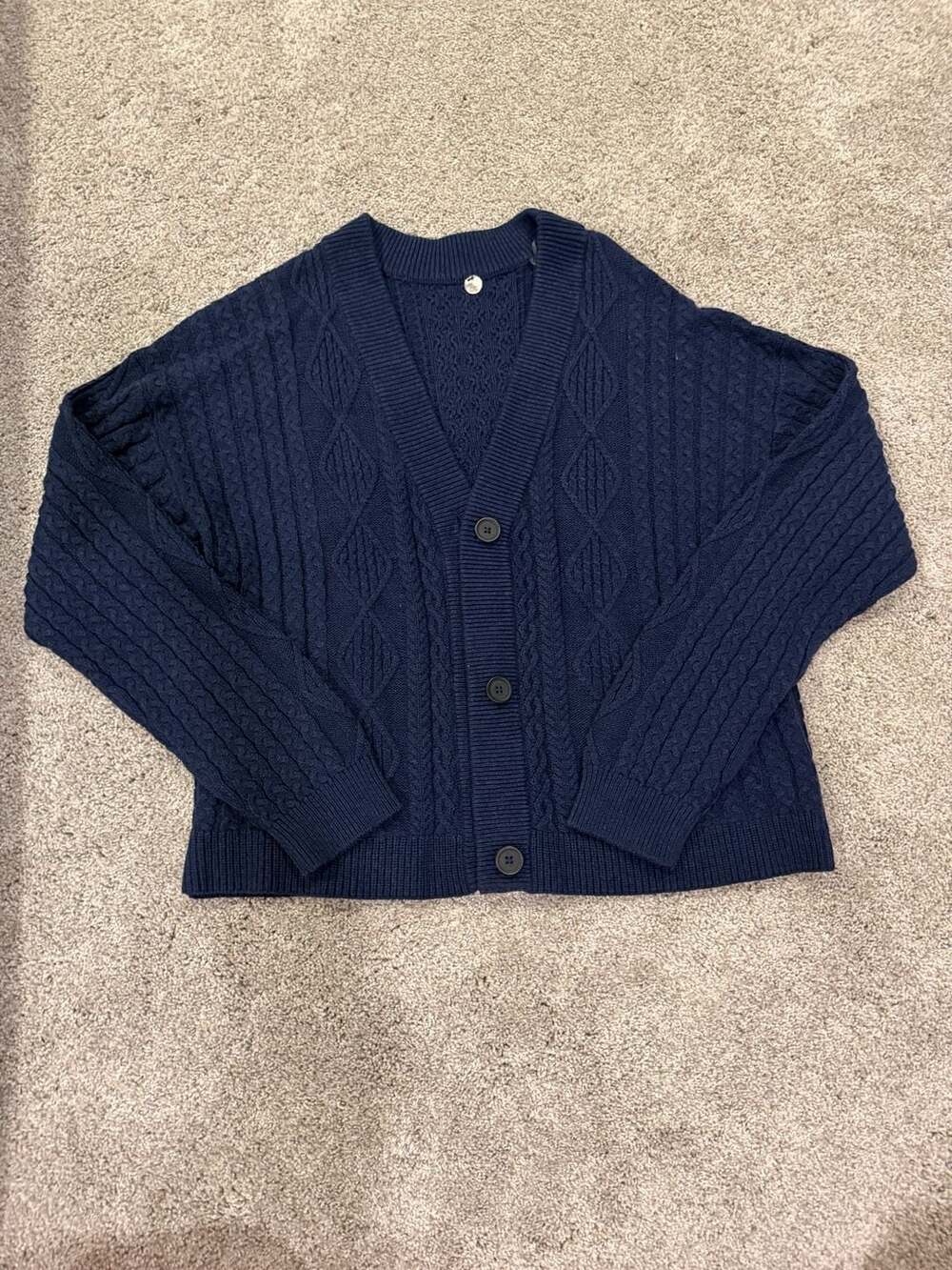 Margaret O'Leary Navy Blue Cable-Knit V-Neck Button Cardigan Sweater